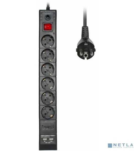 Сетевой фильтр Buro BU-SP1.8 USB 2A-B 1.8м (6 розеток) черный (коробка)