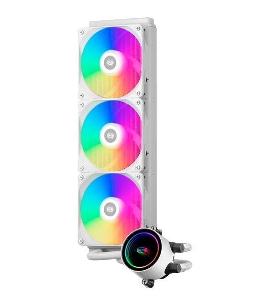 Система охлаждения/ PCCooler DA360 ARGB WH (280W, 360мм, белый, ARGB/ Fans: 3x120мм, 72.1CFM, 33.8dBA, 1800RPM/ Pump height 55мм, 28dBA, 3000RPM, Rad thickness 27мм/ S: 1851, 1700, 1200, 20XX, 115X, AM5, AM4)