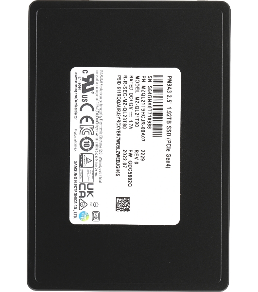 Накопитель SSD Samsung Enterprise, 1.92Tb, PCIe 3.1 x4, 2.5', U.2, NVMe, R/W 3200/2000
