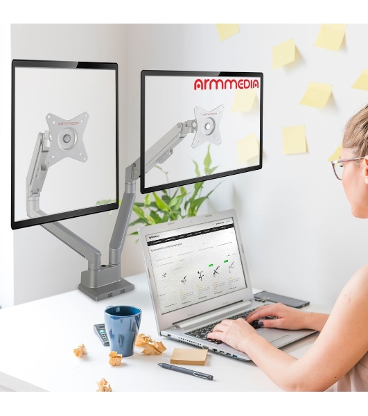 Кронштейн Arm media LCD-T36 серебристый, 4 шт/уп. Кр. алюм. настол. для 2-х мон. 15'-34', max 2х9 кг, нак. ±45°, пов. ±180°, от стола 495 мм, max VESA 100x100 мм.