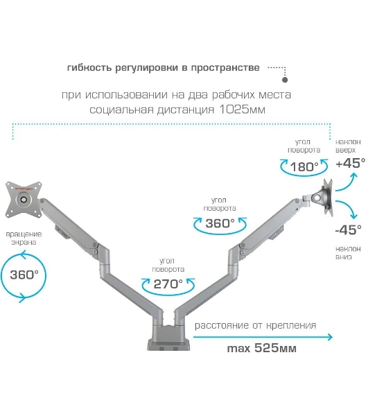 Кронштейн Arm media LCD-T36 серебристый, 4 шт/уп. Кр. алюм. настол. для 2-х мон. 15'-34', max 2х9 кг, нак. ±45°, пов. ±180°, от стола 495 мм, max VESA 100x100 мм.