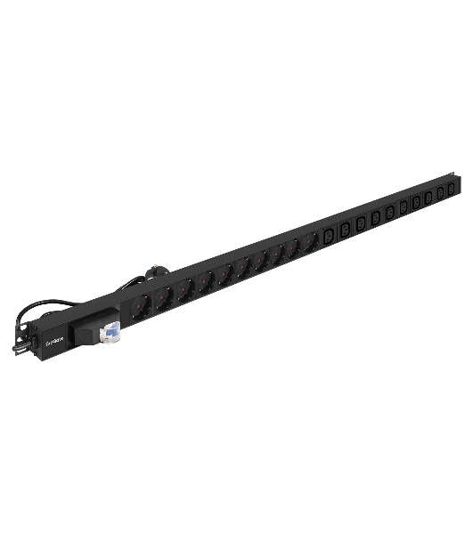 Вертикальный блок розеток с автоматом защиты ExeGate ServerPro PDU-V213 Al-10C1310S-EU2-1P (19', 1U, Алюминий, 10 IEC 320 C13, 10 Schuko, кабель с евровилкой VDE-250V-16A-3*1.5mm2, медь, 1.8 метра, автомат защиты, черный, RTL)