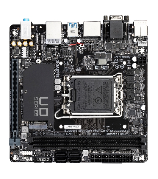 Материнская плата Gigabyte H610I, LGA 1700, Intel H610, 2xDDR5, 4xSATA, 1xM.2, 1xPCIe 4.0 x16, 1xHDMI, 1xVGA, 2xDP, 1x 1Gb LAN, 2xUSB-A 3.2 Gen 1, 4xUSB-A 2.0, 3x 3.5 мм, 7.1, Mini-ITX