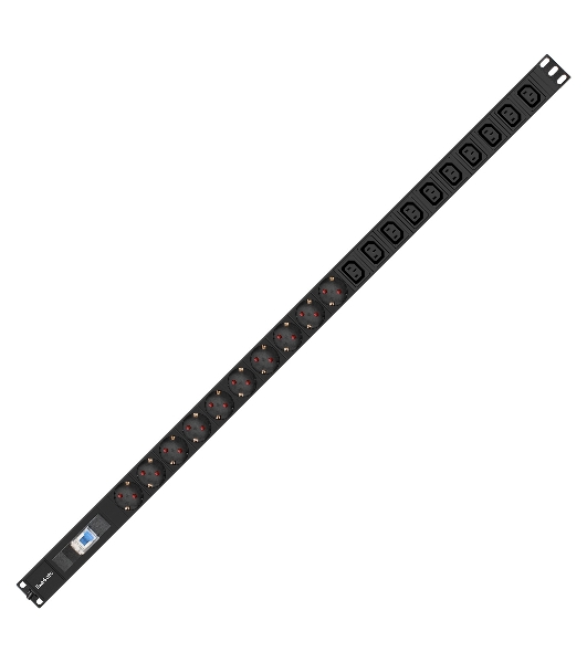 Вертикальный блок розеток с автоматом защиты ExeGate ServerPro PDU-V213 Al-10C1310S-EU2-1P (19', 1U, Алюминий, 10 IEC 320 C13, 10 Schuko, кабель с евровилкой VDE-250V-16A-3*1.5mm2, медь, 1.8 метра, автомат защиты, черный, RTL)