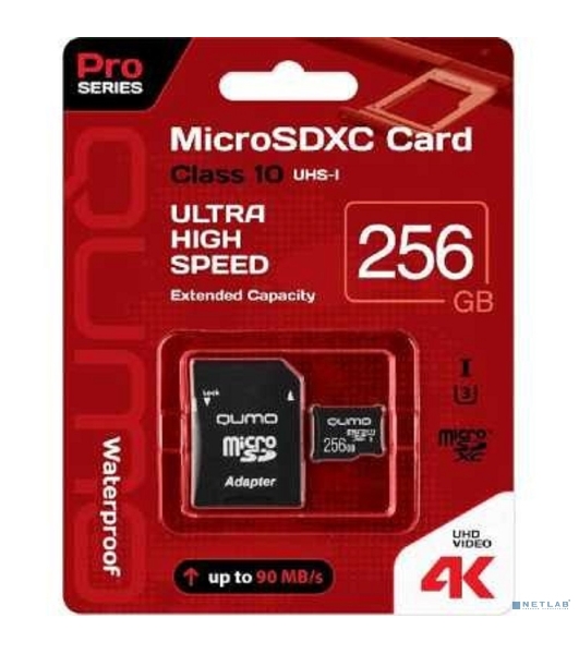 Флеш карта QUMO MicroSDXC 256 Gb 90/70 МБ/с UHS-I U3, Pro seria 3.0, адаптер в комплекте SD, красная картонная упаковка (QM256GMICSDXC10U3)