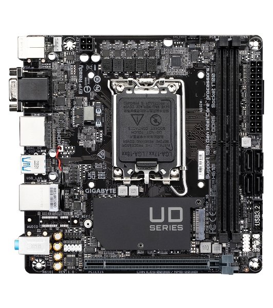 Материнская плата Gigabyte H610I, LGA 1700, Intel H610, 2xDDR5, 4xSATA, 1xM.2, 1xPCIe 4.0 x16, 1xHDMI, 1xVGA, 2xDP, 1x 1Gb LAN, 2xUSB-A 3.2 Gen 1, 4xUSB-A 2.0, 3x 3.5 мм, 7.1, Mini-ITX