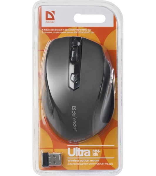 Мышь беспроводная Defender Ultra MM-315 черный, 1600 dpi, радиоканал, USB, кнопки - 6