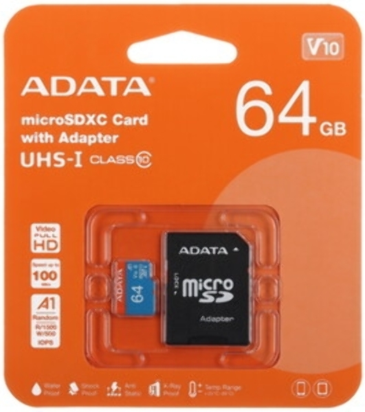 Флеш карта microSD A-DATA 64Gb microSDXC Class 10 UHS-I U3 V30 A2 160/140 MB/s (SD адаптер)