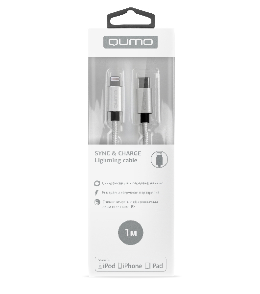 Кабель Qumo MFI, Type-С -Apple 8 pin, 1м, Type-C, 5В, 2,4А, 12W, нейлоновая оплетка, металлический коннектор, серебро