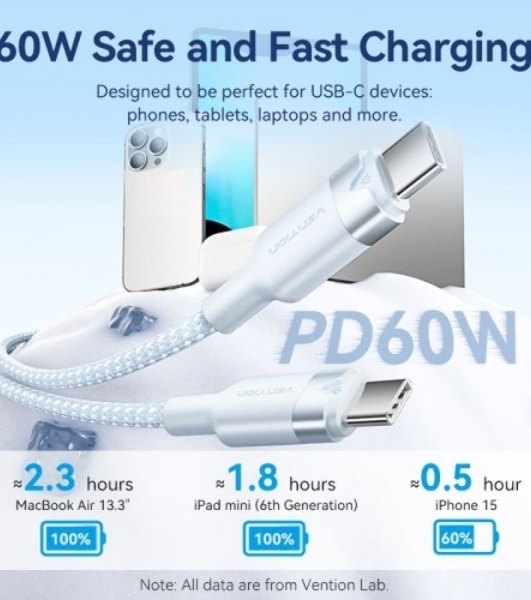 Кабель Vention USB 2.0 CM/CM - 1м. черный 3А PD60W