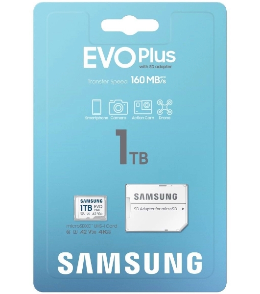 Флеш карта Samsung EVO Plus, microSDXC 1Tb, Class 10, A2, V30, UHS-I (U3), W 90 МБ/с, R 160 МБ/с, адаптер на SD