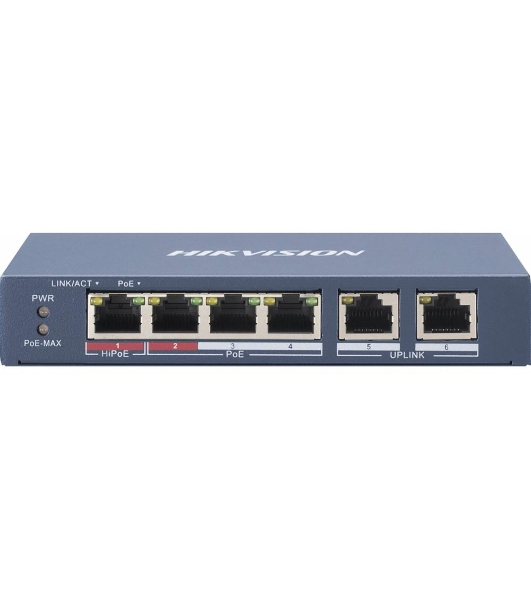 Коммутатор Hikvision DS-3E0106HP-E, 4×100 Мбит/с PoE + 2×100 Мбит/с, неуправляемый