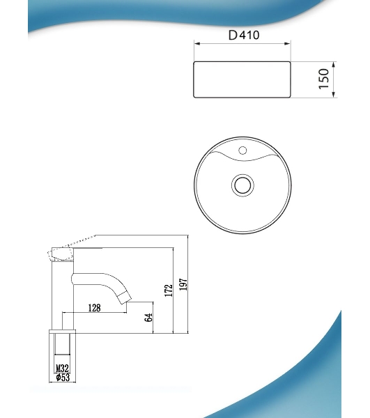 Раковина накладная со смесителем ( BAU Element D41, мрамор + смеситель Dream, нержавеющая сталь)