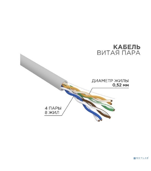Кабель витая пара Rexant U/UTP, cat.5e, PVC, 4х2х0,52 мм, 24AWG, INDOOR, SOLID, серый, 305 м PRO