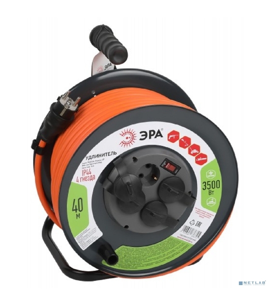 Удлинитель силовой ЭРА RMx-4es-3x2.5-40m-IP44 на металлической катушке с заземлением с выключателем 4 розетки 40 м ПВС