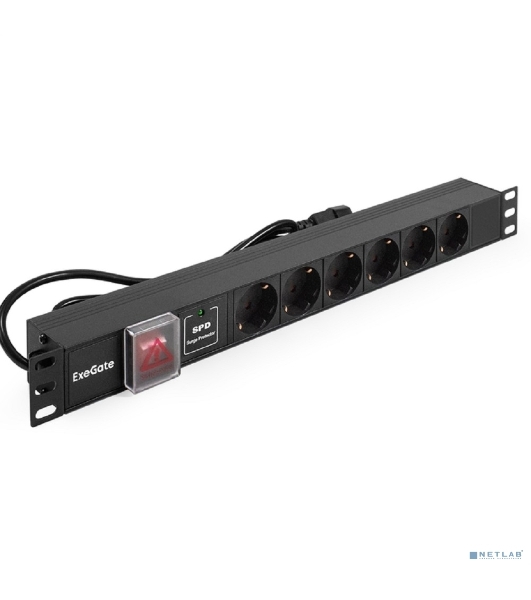 Блок розеток горизонтальный ExeGate ServerPro PDU-19H609 Al-6S-C14-2, 19', 1U, Алюминий, 6 Schuko, кабель с вилкой C14 VDE-250V-10A-3*1.0мм2, 2 метра, выкл. с подсветкой, SPD1, черный