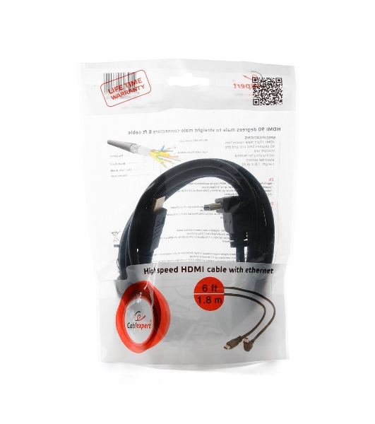 Кабель Cablexpert HDMI CC-HDMI490-6, 19M/19M, v2.0, медь, позол.разъемы, экран, угловой, 1.8м, черный, пакет