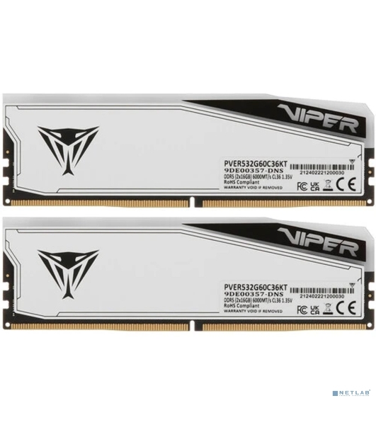 Оперативная память Patriot Viper Elite 5 TUF Gaming, DDR5, 32Gb (2x16 GB), 6000 MHz, CL36, DIMM, радиатор, RGB, белый