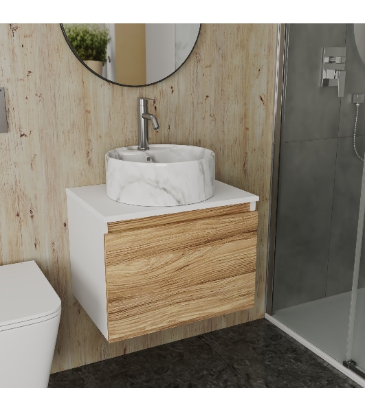 Комплект: тумба Bau Dream Blackwood 60, 1 ящик, Раковина круглая накладная BAU Element D41, мрамор, смеситель Hotel Dream, нерж сталь