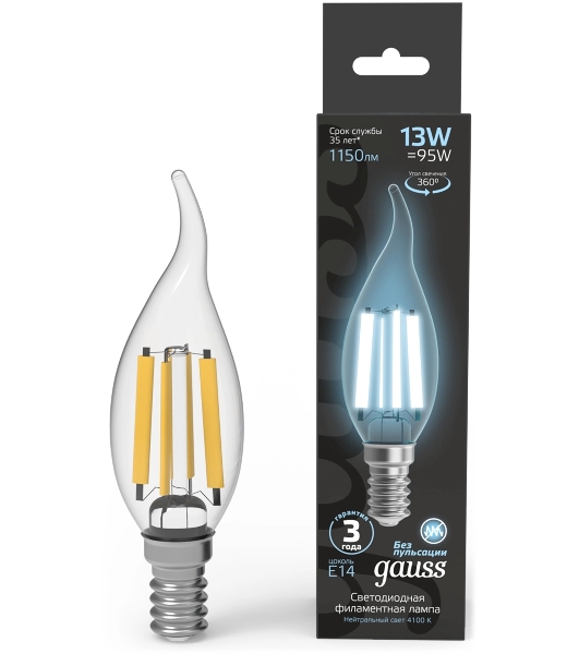 Лампа светодиодная филаментная Gauss Filament 13Вт цок.: E14 свеча св. свеч. бел. нейт. (упак.: 10 шт)
