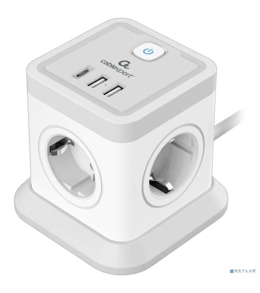 Сетевой фильтр Cablexpert Tower, TWR-4-CU2-W-2, 4р, 10А, 1xType-C PD, 20Вт, 2хUSB, 2 м, ур. защиты 2+, белый, коробка