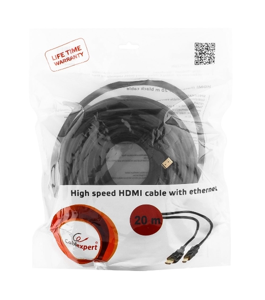 Кабель Cablexpert HDMI CC-HDMI4-20M, 19M/19M, v2.0, медь, позол.разъемы, экран, 20м, черный, пакет