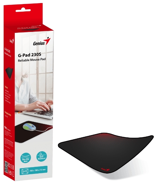Коврик для мыши Genius G-Pad 230S. Нескользящая резиновая основа с микротекстурированной гладкой поверхностью. Размер: 230 x 2.5 x 190 мм. черный