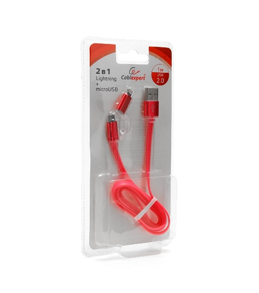 Кабель USB2.0 Cablexpert CC-mAPUSB2pk1m, AM/microBM 5P - iPhone lightning, 1м, комбо кабель, алюминиевые разъемы, розовый, блистер