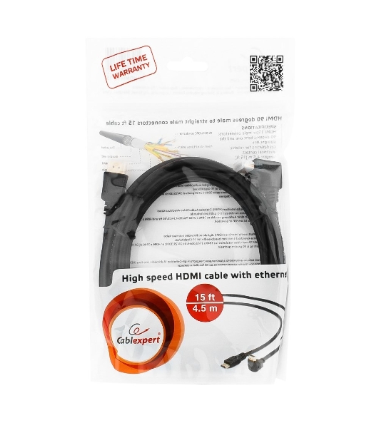 Кабель Cablexpert HDMI CC-HDMI490-15, 19M/19M, v2.0, медь, позол.разъемы, экран, угловой, 4.5м, черный, пакет