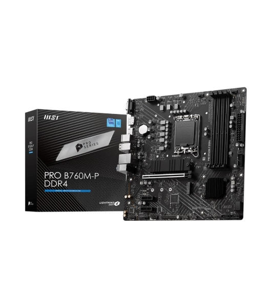 Материнская плата MSI PRO B760M-P DDR4, LGA 1700, Intel B760, 4xDDR4, 4xSATA, 2xM.2, 1xPCIe 4.0 x16, 2xPCIe 3.0 x1, 1xHDMI, 1xDP, 1xVGA, 1x1Gb LAN, 4xUSB-A 2.0, 1xUSB-A 3.2 Gen 1, 1xUSB-C 3.2 Gen 2, 3x3.5 мм, 7.1, mATX