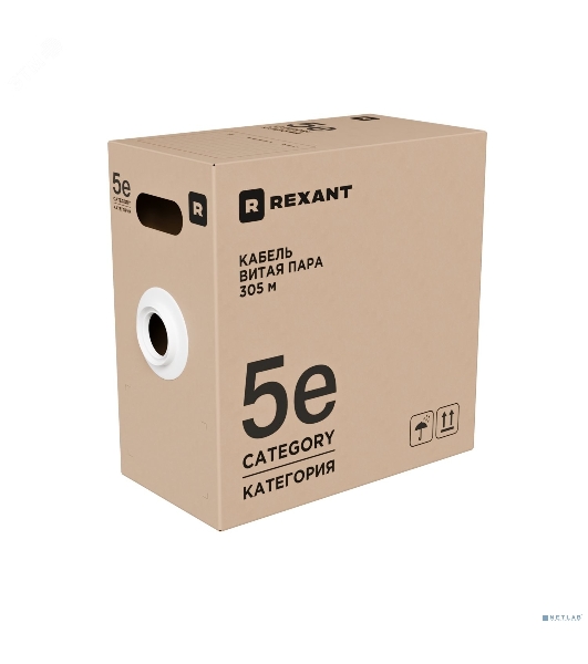 Кабель витая пара Rexant U/UTP, CAT 5е, PVC, 4x2x0,52 мм, 24AWG, INDOOR, SOLID, серый, 305м, РФ