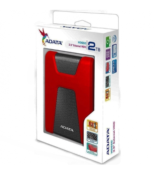Внешний HDD 2.5' ADATA HD650, 2TB, USB 3.2 Gen 1 Type-A, 5400 rpm, красный