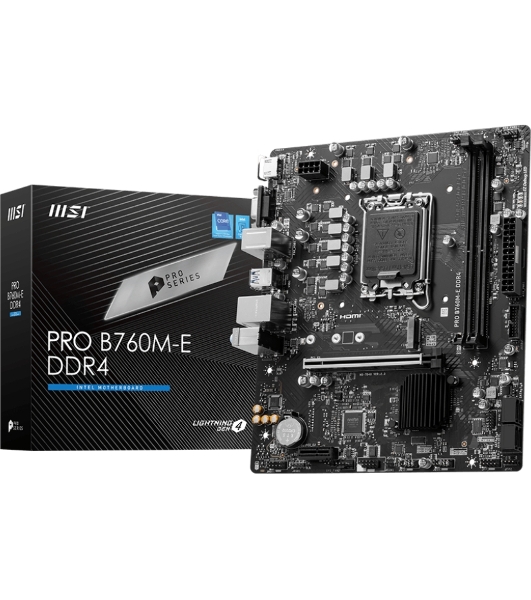 Материнская плата MSI PRO B760M-E DDR4, LGA 1700, Intel B760, 2xDDR4, 4xSATA, 1xM.2, 1xPCIe 4.0 x16, 1xPCIe 4.0 x1, 1xHDMI, 1xVGA, 1x1Gb LAN, 2xUSB-A 3.2 Gen 1, 4xUSB-A 2.0, 3x3.5 мм, 7.1, mATX