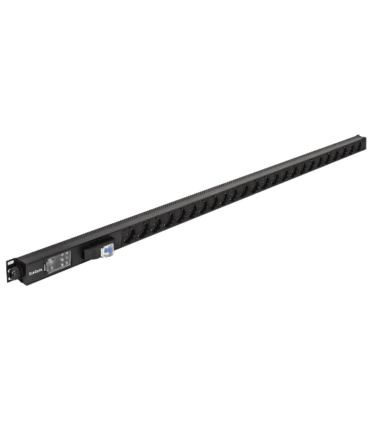 Вертикальный блок розеток с автоматом защиты ExeGate ServerPro PDU-V241 Al-24S-T-1P (19', 1U, Алюминий, 24 Schuko, клеммная колодка, 16A, автомат защиты, черный, RTL)