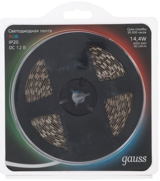 Лента светодиодная Gauss 312000414 LED 5050/60-SMD 14.4W 12V DC RGB блистер 5м