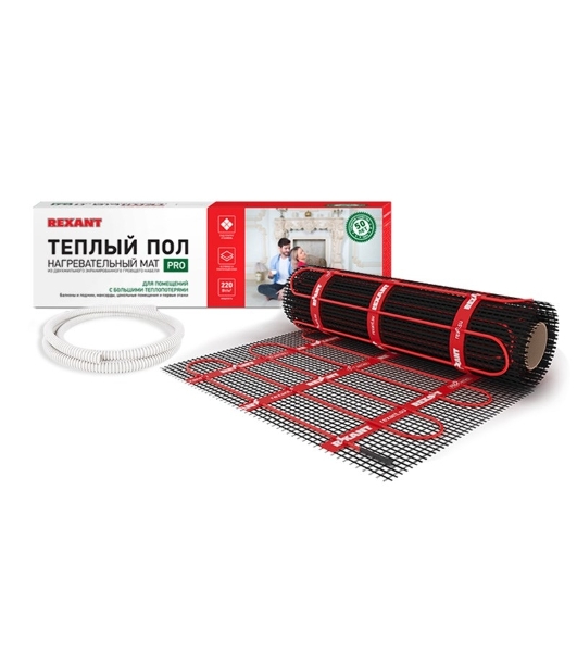 Теплый пол (нагревательный мат) Rexant PRO (RNX -1,0-220 площадь1,0 м² (0,5х2.0 м)), 220 Вт, двухжильный с экраном