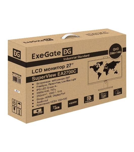 Монитор 27' ExeGate SuperView EA2700C IPS 2560x1440, 75 Гц, 5 мс, 16:9, 250 кд/м², HDMI 1.4, DP, 3.5 Jack, USB Hub, веб-камера (2 Мп), FreeSync, черный
