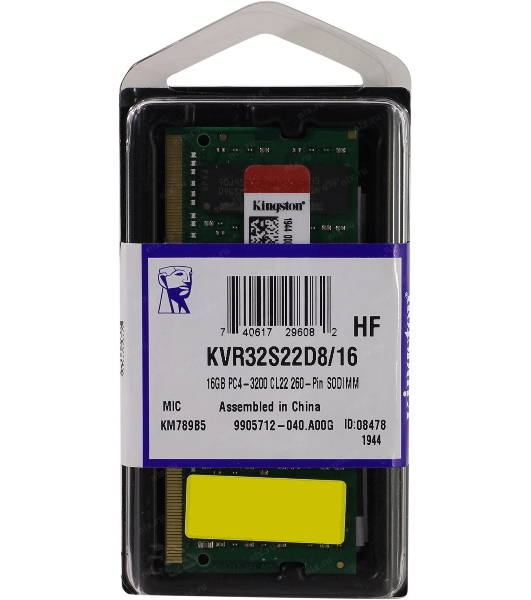 Оперативная память Kingston ValueRAM, DDR4, 16GB (1x16GB), 3200MHz, CL22, SO-DIMM