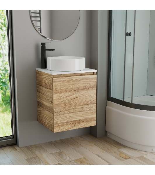 Тумба Bau Dream Blackwood 50 с дверцей, раковина BAU Dream круглая D41, смеситель для раковины высокий Hotel Black, черный
