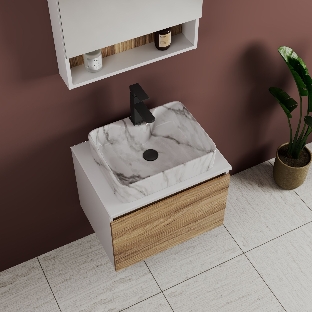 Комплект: тумба Bau Dream Blackwood 60, 1 ящик, раковина прямоугольная BAU Cerama 48х37, мрамор, смеситель Hotel Black, черный матовый, выпуск клик клак черный
