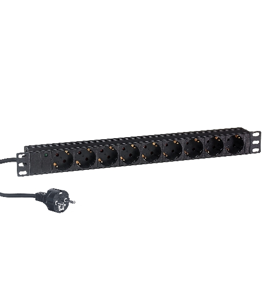 Блок розеток горизонтальный ExeGate ServerPro PDU-19H904 Al-9S-EU2.5, 19', 1U, Алюминий, 9 Schuko, кабель с евровилкой VDE-250V-16A-3*1.5мм2, 2.5 метра, черный