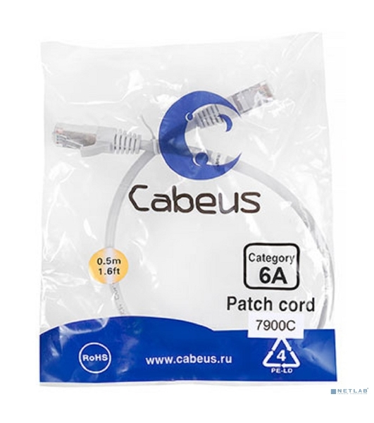 Шнур комм. Cabeus, кат. 6A, экр., S/FTP, RJ45/RJ45, LSZH, AWG26, 0.5м, серый