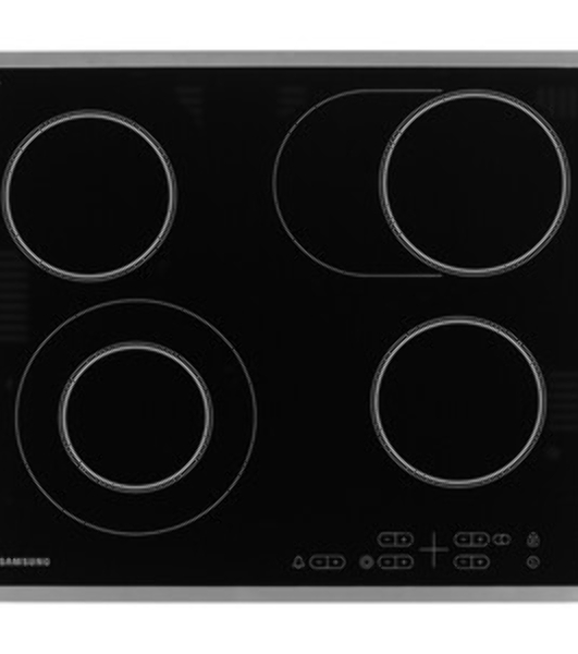 Встраиваемая электрическая панель Samsung NZ64T3516CK/WT, 575x505x55 мм, стеклокерамика, 4 конфорки, рамка - нержавеющая сталь,сенсорное управление, светодиодный LED-дисплей, защита от детей, черный