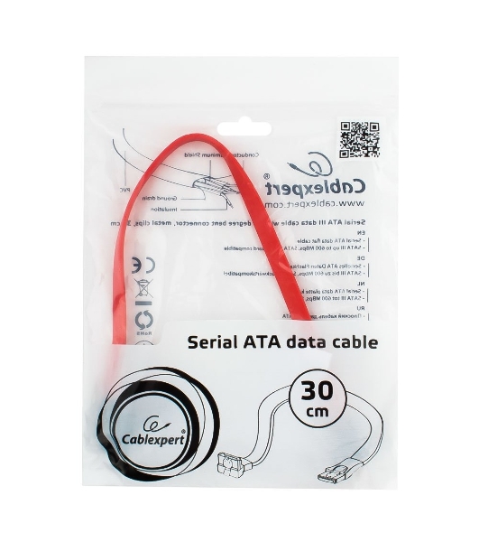 Кабель интерфейсный SATA Cablexpert CC-SATAM-DATA90-0.3M, 30 см, угловой разъем, 7pin/7pin, защелка, пакет