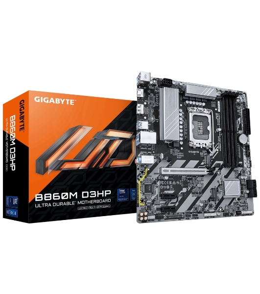 Материнская плата Gigabyte B860M D3HP, LGA 1851, Intel B860, 4xDDR5, 4xSATA, 2xM.2, 1xPCIe 5.0 x16, 2xPCIe x1, 1xHDMI, 1xDP, 1x 1Gb LAN, 3xUSB-A 3.2 Gen 1, 3xUSB-A 2.0, 1xUSB-C 3.2 Gen 1, 3x3.5 мм, 7.1, mATX