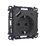Комплект механизма электрической розетки ALFA Графит мягкое касание 2USB A+C 20W (быстрая зарядка) с/з QUANT (AP9100, VM160) MA910010, фото 1