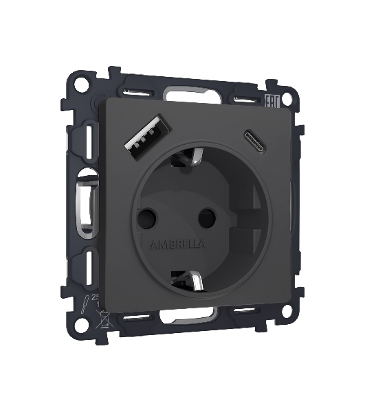 Комплект механизма электрической розетки ALFA Графит мягкое касание 2USB A+C 20W (быстрая зарядка) с/з QUANT (AP9100, VM160) MA910010