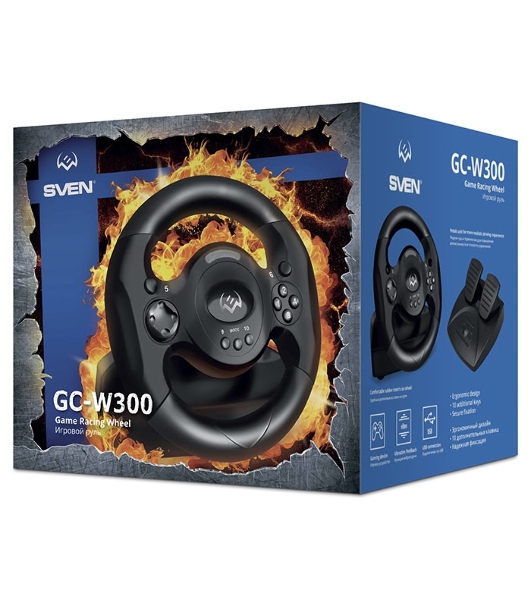 Руль SVEN GC-W300 (педали, вибро, лепестки, D-pad, 10 кл, резин. вставки, PC, цифр. и аналог.
