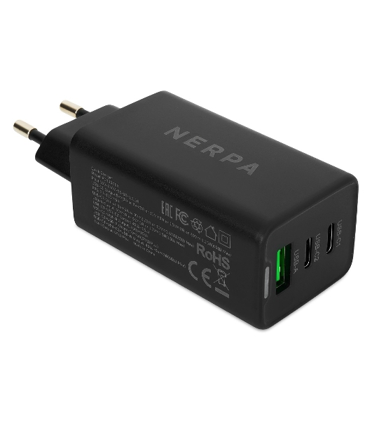 Сетевое зарядное устройство NERPA PD333CBX 65W GaN PD+QC3.0, 2xUSB-C, 1xUSB-A, USB-C - USB-C 100W cable 1.5m черный, EU plug, BOX