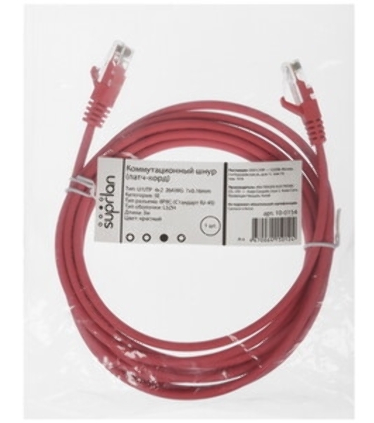 Патч-корд Suprlan 10-0154 UTP RJ-45 вил.-вилка RJ-45 cat.5e 3м красный LSZH 24AWG